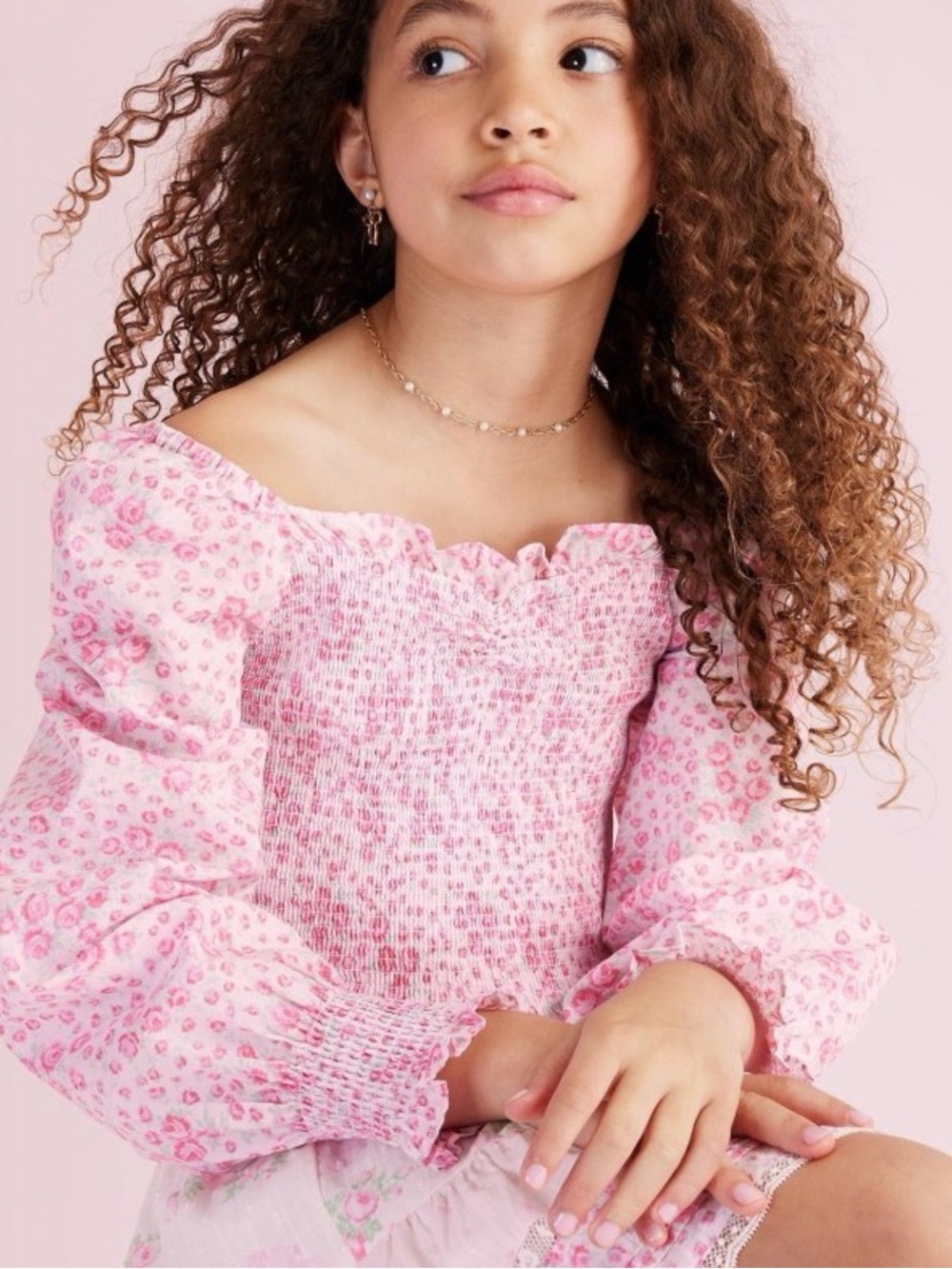 Loveshackfancy x target Girls Pink Smocked Floral Off-Shoulder Top